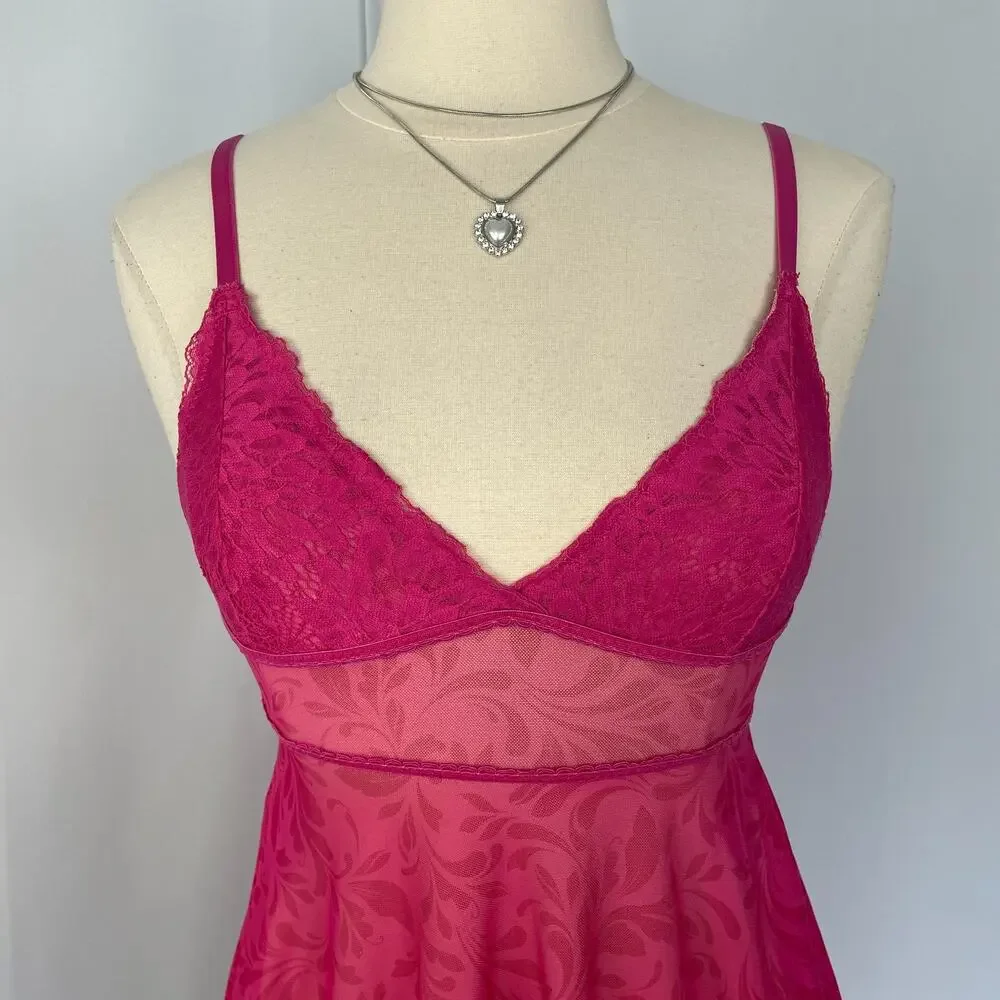 Cami Tank Top Size Medium Hot Pink Sheer Mesh Babydoll Lingerie Romantic